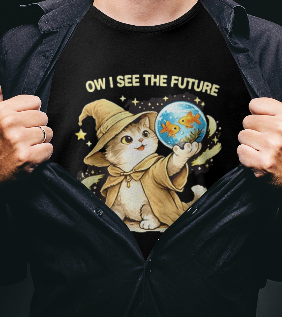 Wizard Cat Halloween Ow I See The Future Goldfish T-Shirt