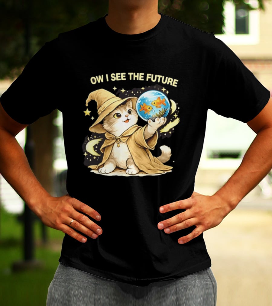 Wizard Cat Halloween Ow I See The Future Goldfish T-Shirt