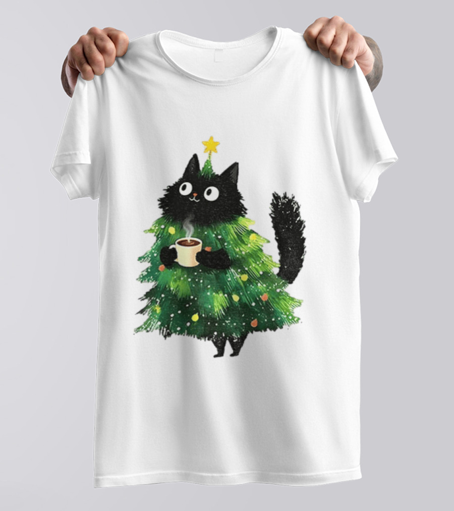 Black Cat Christmas Tree With Hot Coffee Cup T-Shirt
