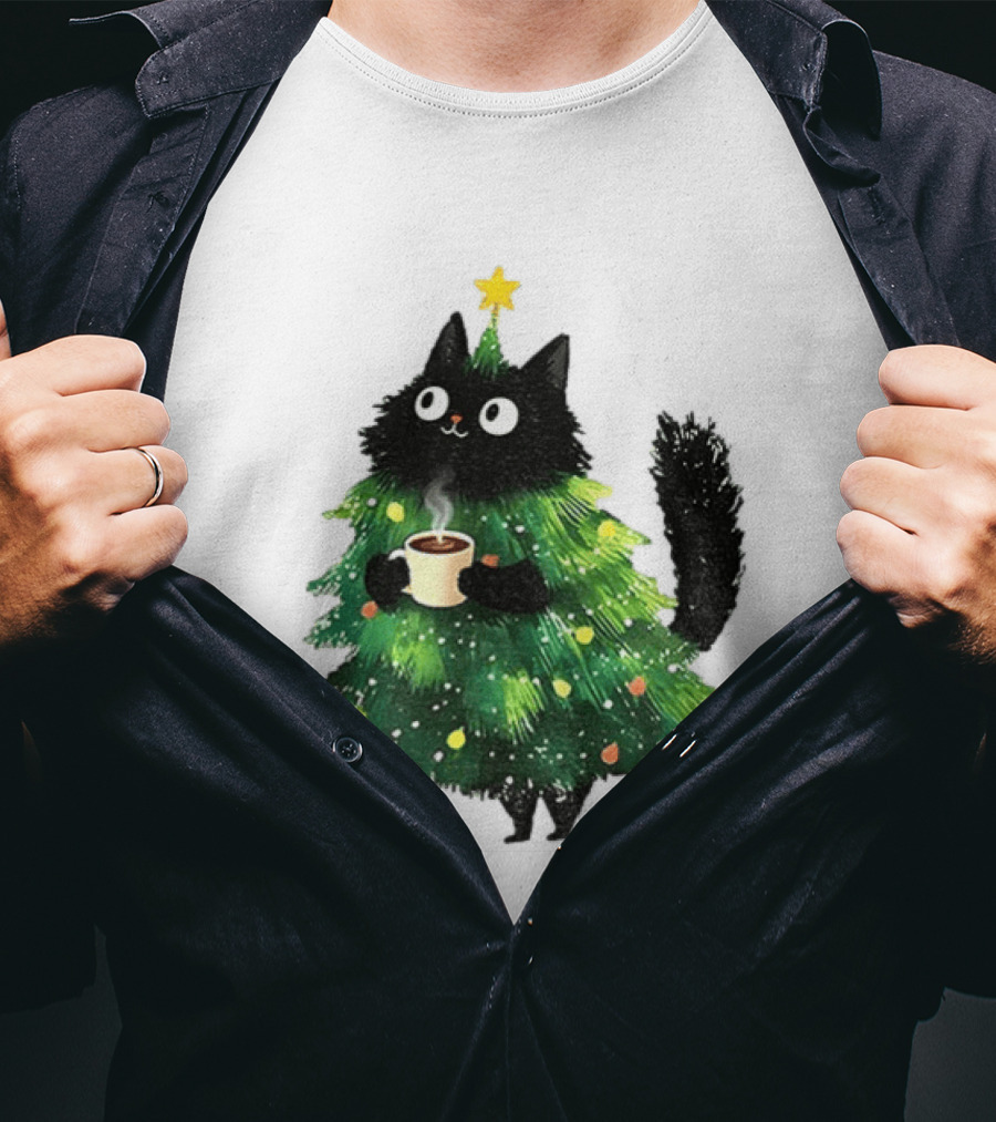 Black Cat Christmas Tree With Hot Coffee Cup T-Shirt