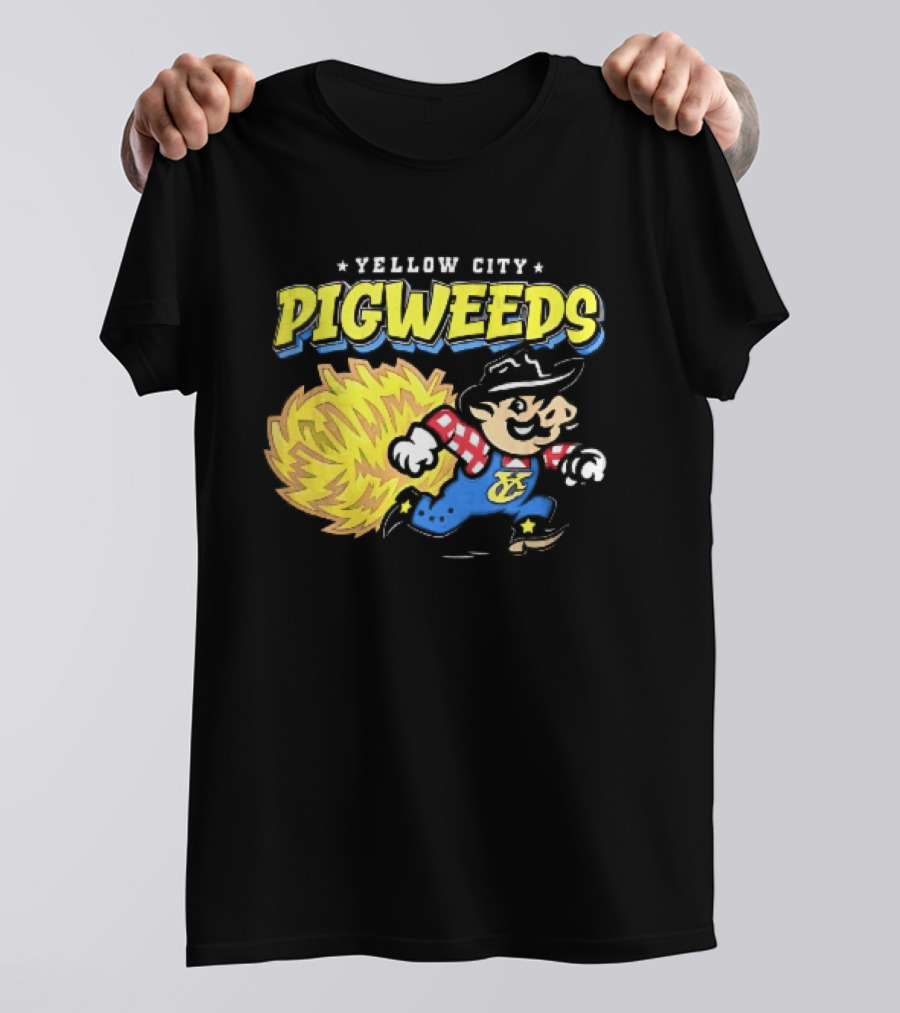 Yellow City Pigweeds Cartoon Cowboy Overalls Tumbleweed Running T-Shirt