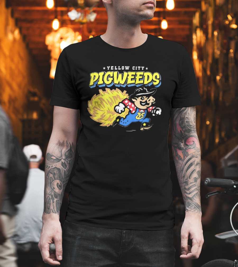 Yellow City Pigweeds Cartoon Cowboy Overalls Tumbleweed Running T-Shirt