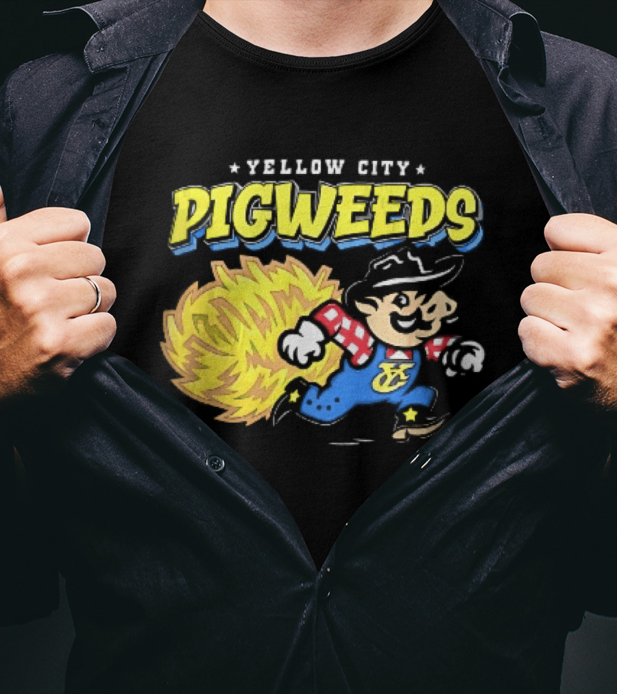 Yellow City Pigweeds Cartoon Cowboy Overalls Tumbleweed Running T-Shirt