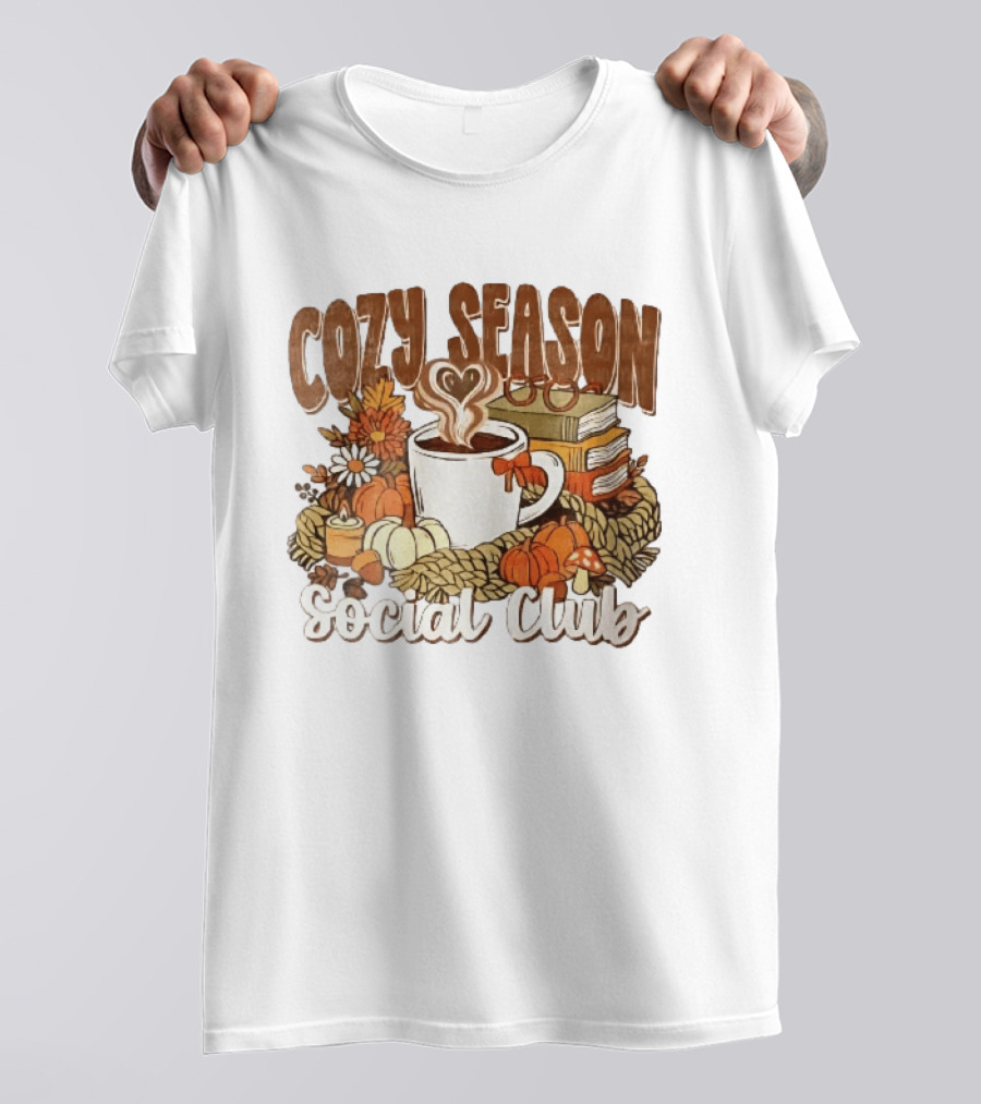 Cozy Season Social Club Coffee Books Pumpkins Knitted Blanket Autumn Vibes T-Shirt