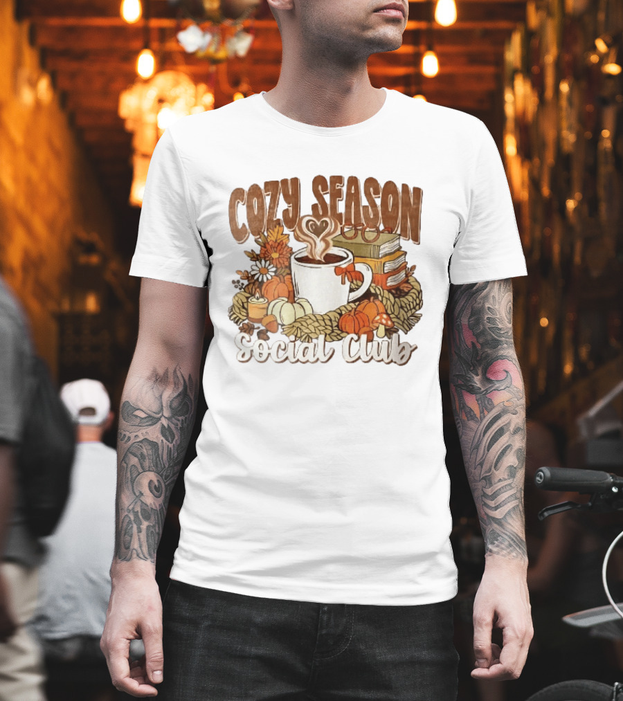 Cozy Season Social Club Coffee Books Pumpkins Knitted Blanket Autumn Vibes T-Shirt
