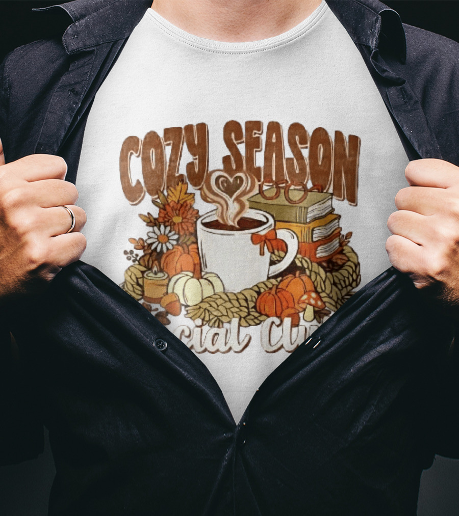 Cozy Season Social Club Coffee Books Pumpkins Knitted Blanket Autumn Vibes T-Shirt