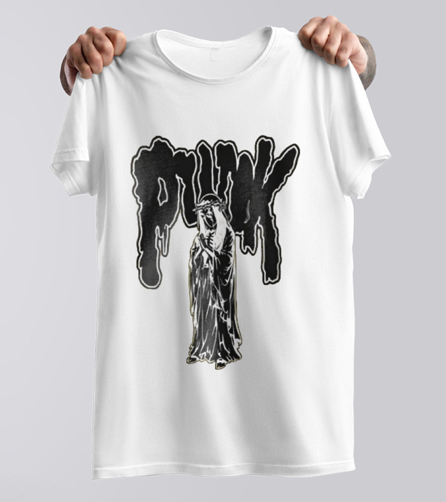 Punk Dripping Hooded Skeleton Praying Crown Of Thorns T-Shirt