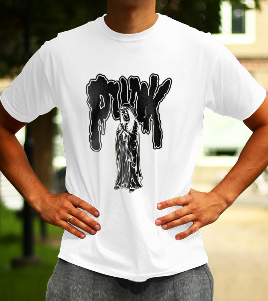 Punk Dripping Hooded Skeleton Praying Crown Of Thorns T-Shirt