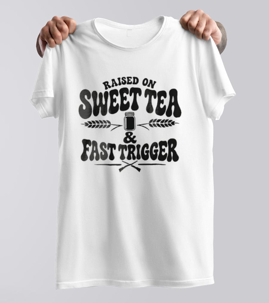 Raised On Sweet Tea Fast Trigger Mason Jar Wheat Stalks Crossed Rifles T-Shirt