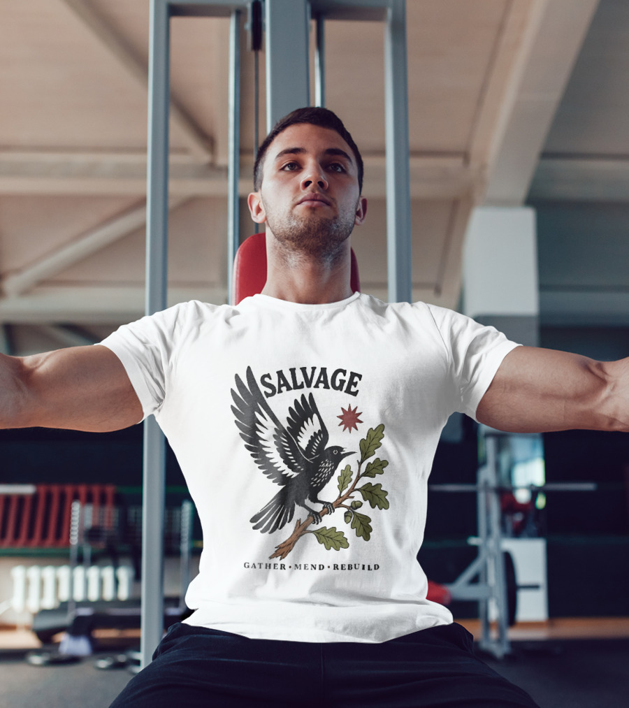 Salvage Gather Mend Rebuild Bird On Oak Branch With Acorns T-Shirt