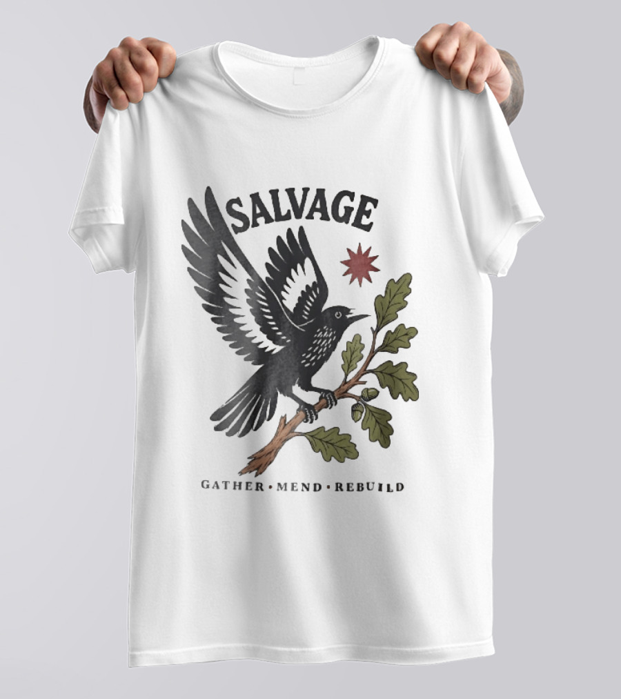 Salvage Gather Mend Rebuild Bird On Oak Branch With Acorns T-Shirt