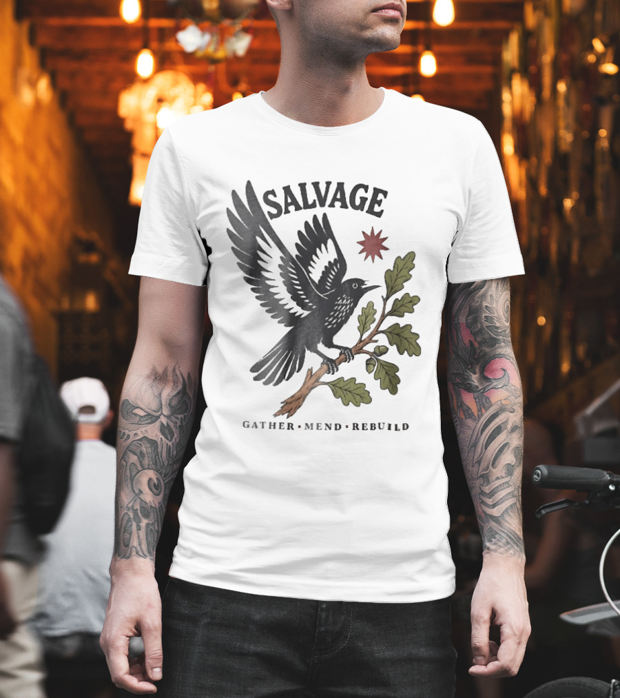 Salvage Gather Mend Rebuild Bird On Oak Branch With Acorns T-Shirt