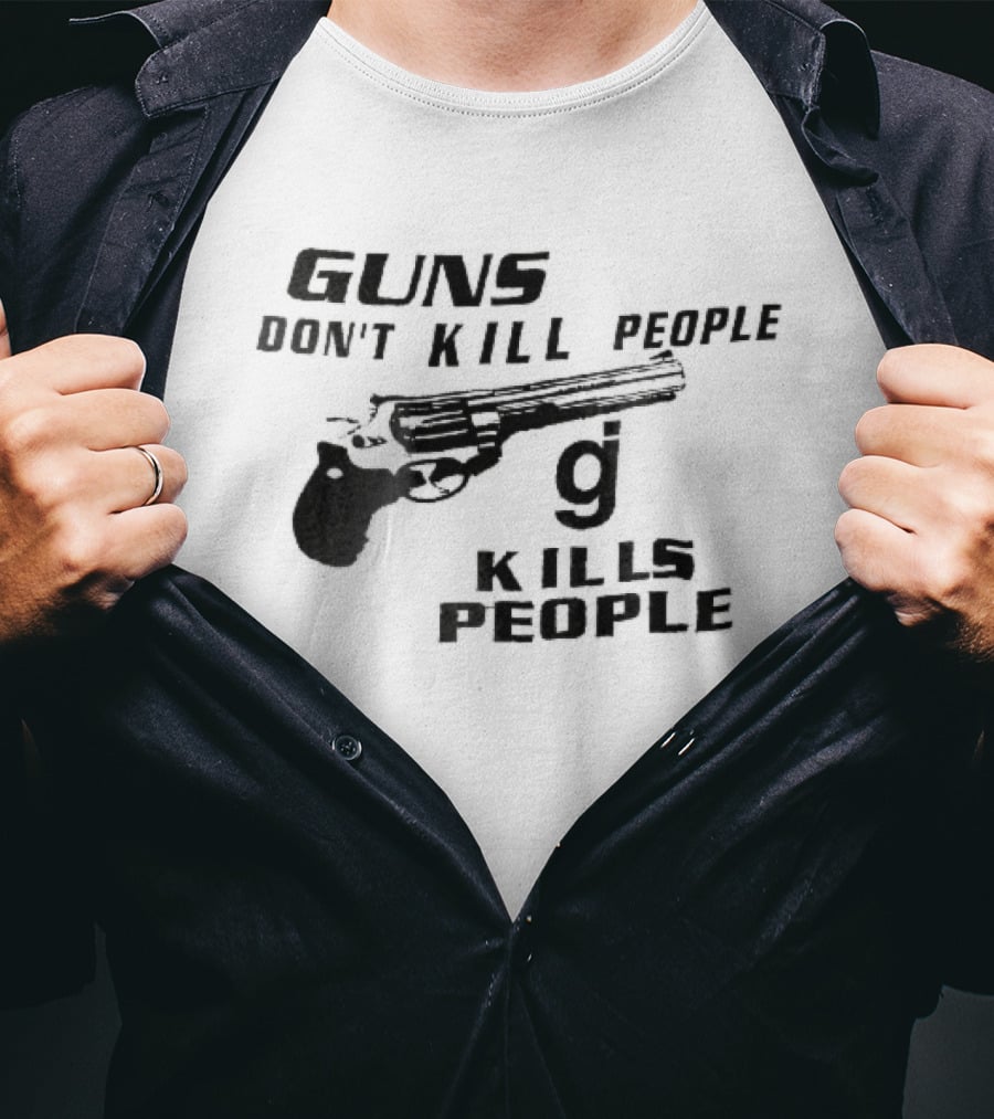Guns Don't Kill People GJ Kills Revolver Handgun Black White Line T-Shirt