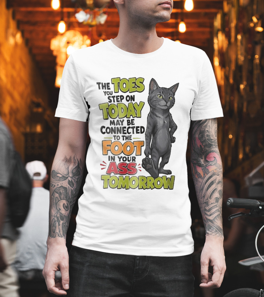 The Toes You Step On Today May Be Connected To The Foot In Your Ass Tomorrow Cartoon Grey Cat Paw T-Shirt