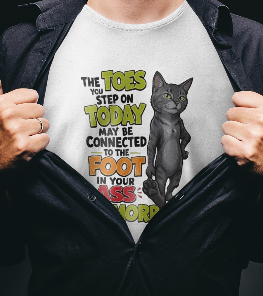 The Toes You Step On Today May Be Connected To The Foot In Your Ass Tomorrow Cartoon Grey Cat Paw T-Shirt