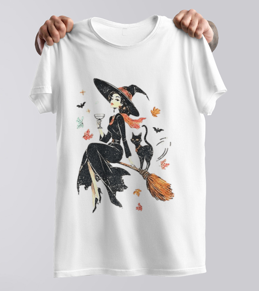 Witch Cat Ringer Spooky Fall Pumpkin Halloween Vintage Witch And Black Cat On Broomstick With Coffee Cup And Autumn Leaves T-Shirt