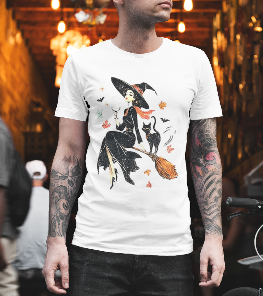 Witch Cat Ringer Spooky Fall Pumpkin Halloween Vintage Witch And Black Cat On Broomstick With Coffee Cup And Autumn Leaves T-Shirt