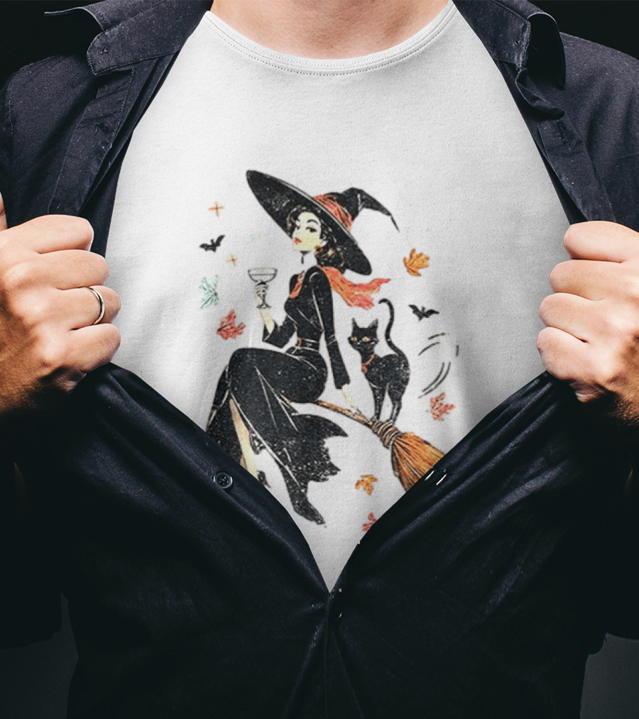 Witch Cat Ringer Spooky Fall Pumpkin Halloween Vintage Witch And Black Cat On Broomstick With Coffee Cup And Autumn Leaves T-Shirt
