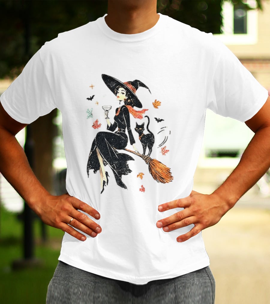 Witch Cat Ringer Spooky Fall Pumpkin Halloween Vintage Witch And Black Cat On Broomstick With Coffee Cup And Autumn Leaves T-Shirt