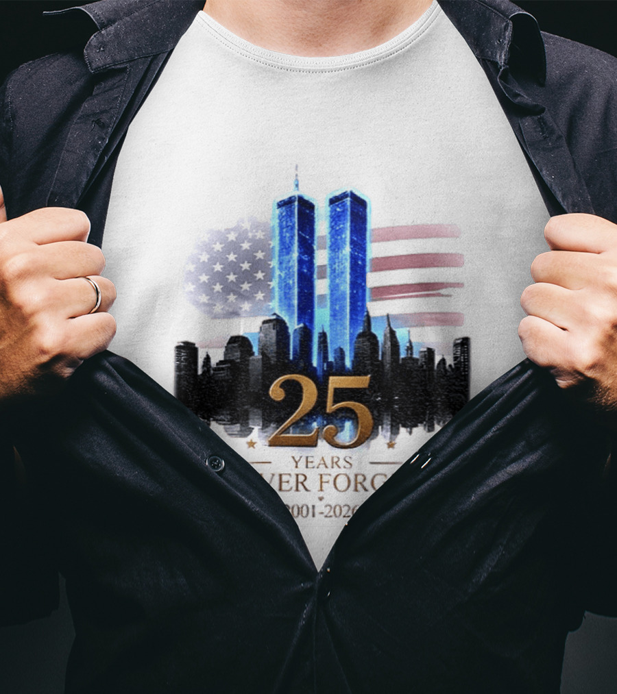 World Trade Center Towers NYC Skyline 25 Years Never Forget 2001 2026 American Flag T-Shirt