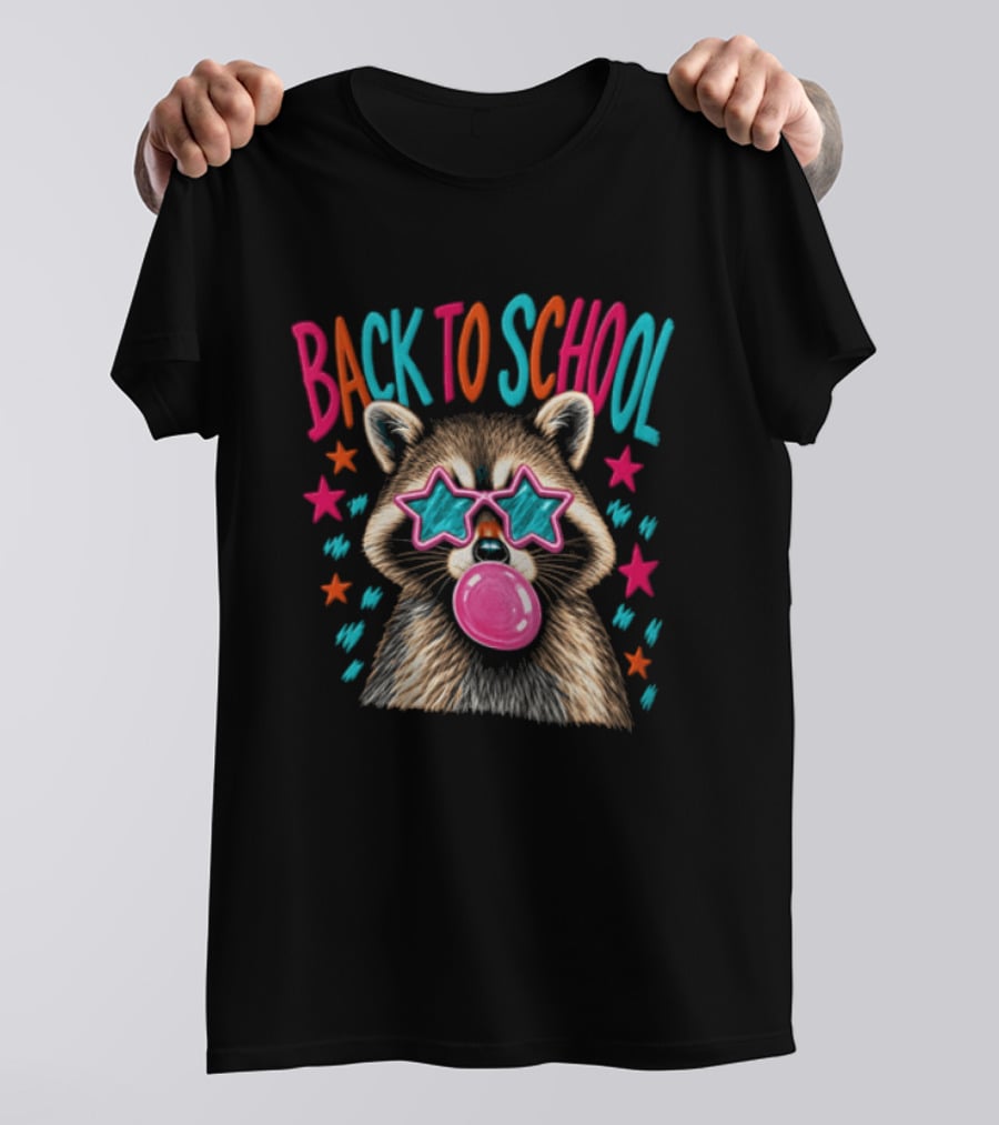 Back To School Raccoon Bubble Gum Star Sunglasses Fun Fashion T-Shirt