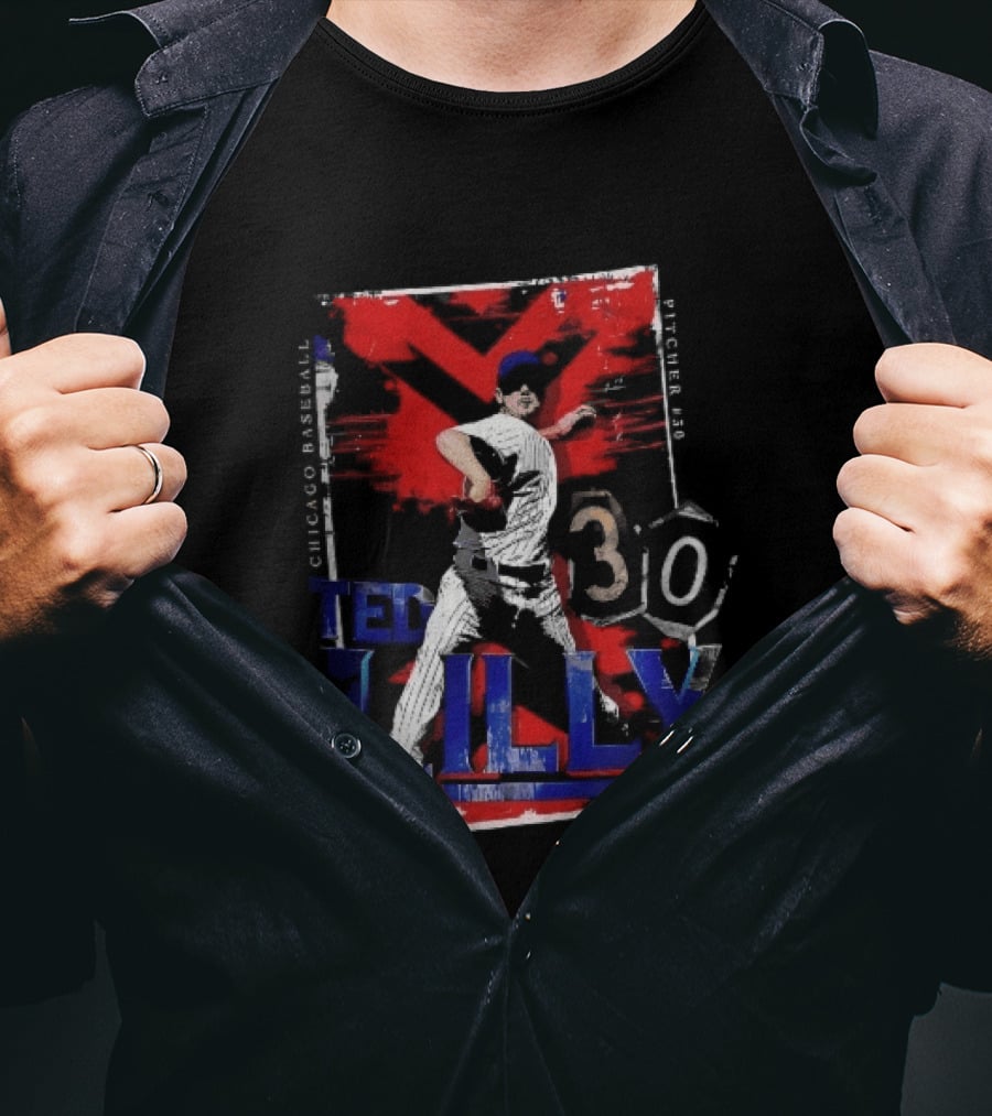 Chicago Baseball MLB Pitcher Ted Lilly 30 Distressed Red Black Collage Throwing Photo T-Shirt