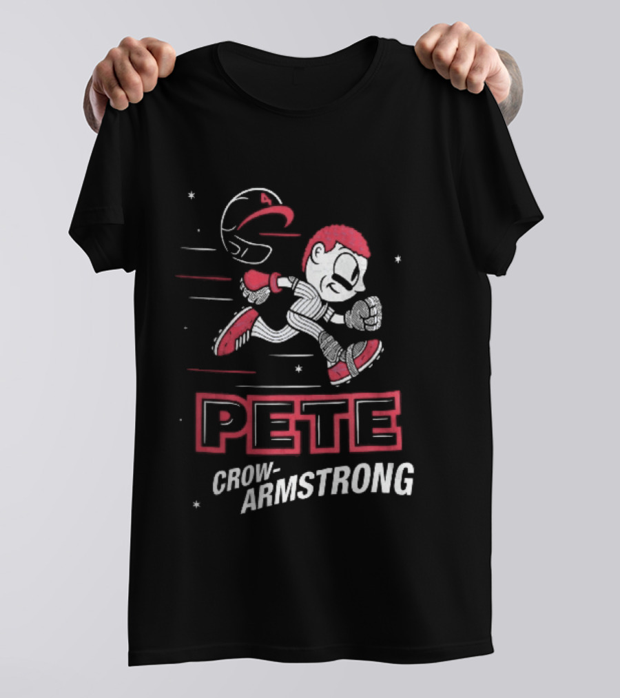 Chicago Cubs MLB Pete Crow Armstrong Cartoon Caricature Running Baseball Player Flying Helmet Stars T-Shirt