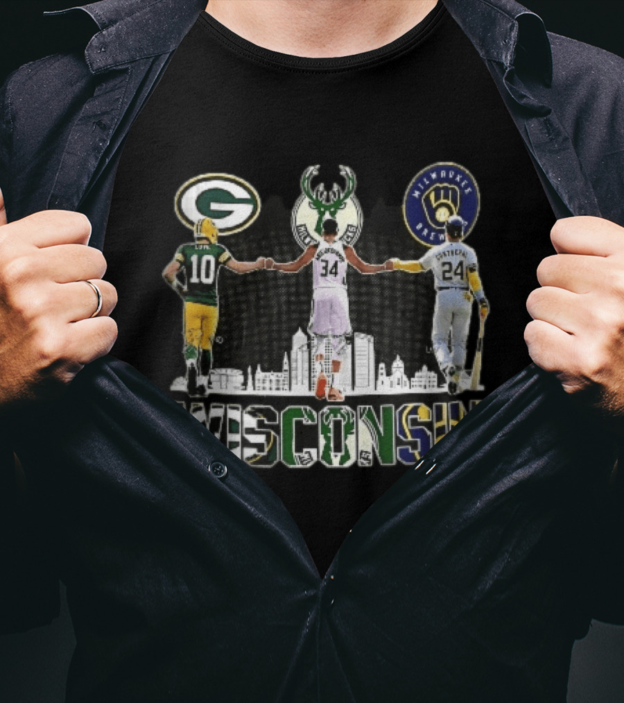 Green Bay Packers Milwaukee Bucks Brewers Wisconsin Antetokounmpo Contreras Love Skyline T-Shirt