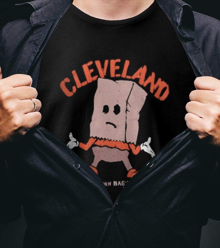 Cleveland Browns Orange Brown Bag N It Since 99 Cartoon Sack Shrugging T-Shirt
