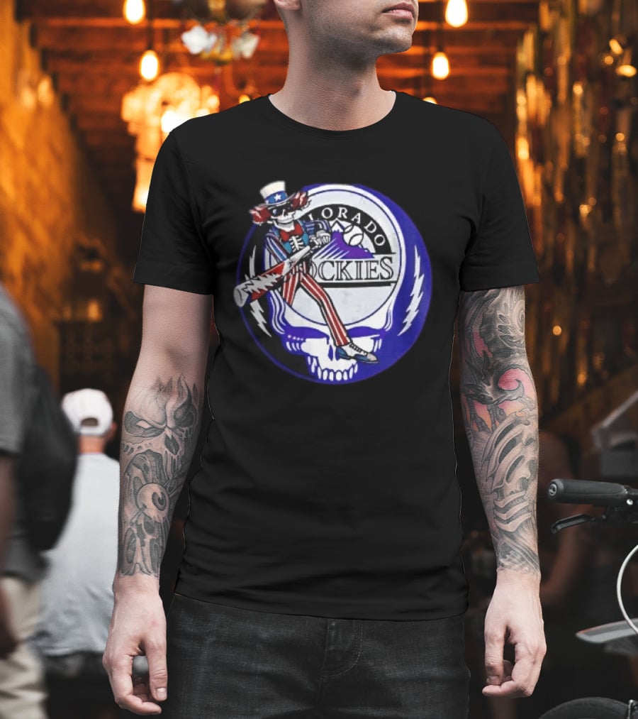 Colorado Rockies Grateful Dead Uncle Sam Skeleton Batting Lightning Stealie Skull T-Shirt