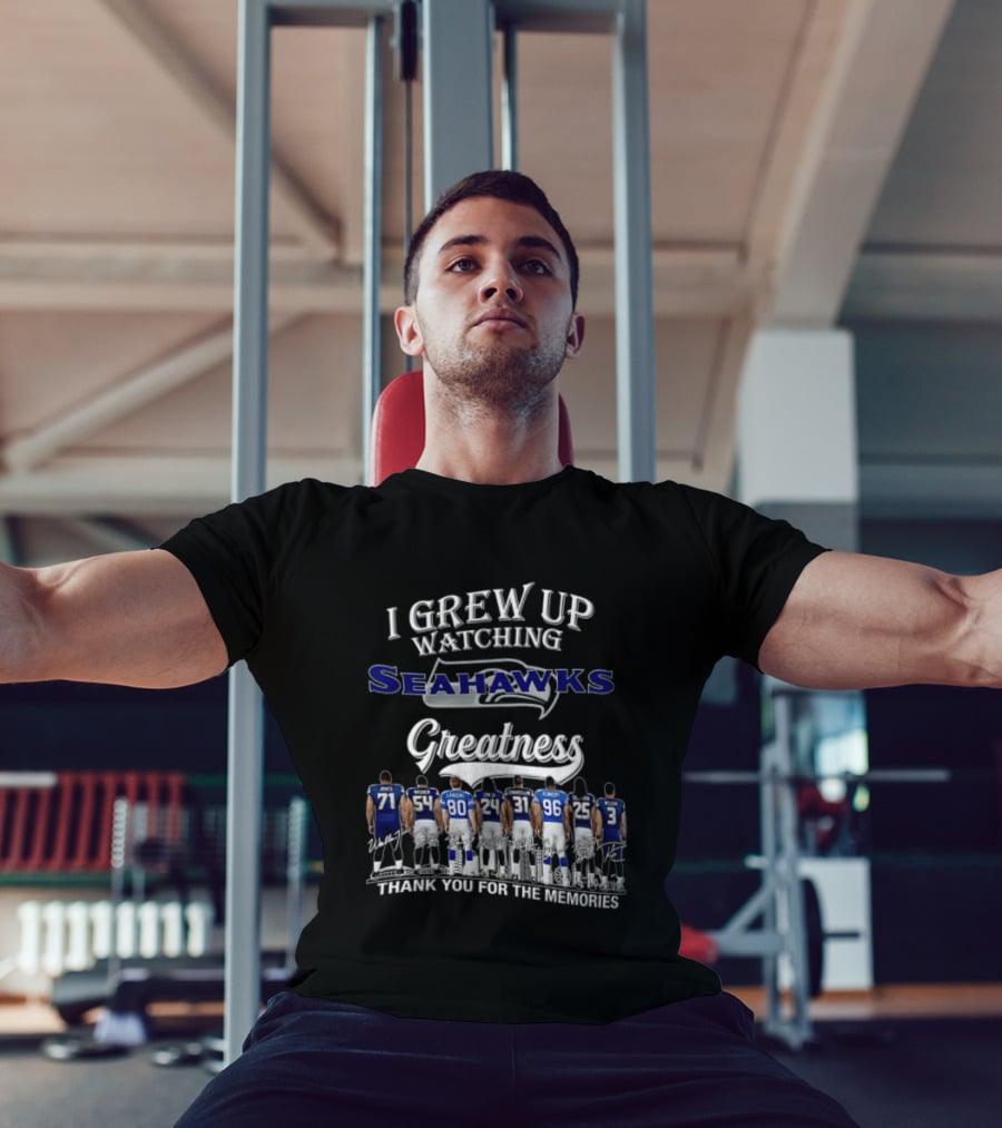 I Grew Up Ing Seahawks Greatness Thank You For The Memories Jones Engram Largent Alexander Wilson Kennedy Griffith T-Shirt