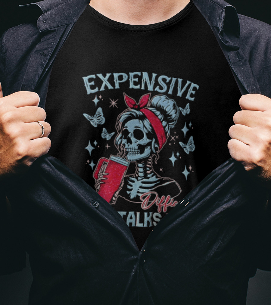 Expensive Difficult And Talks Back Skeleton With Glitter Tumbler Butterflies Stars Red Bandana T-Shirt