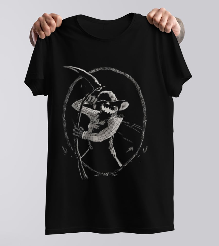 Jack O Lantern Scarecrow Holding Scythe Oval Twig Frame T-Shirt