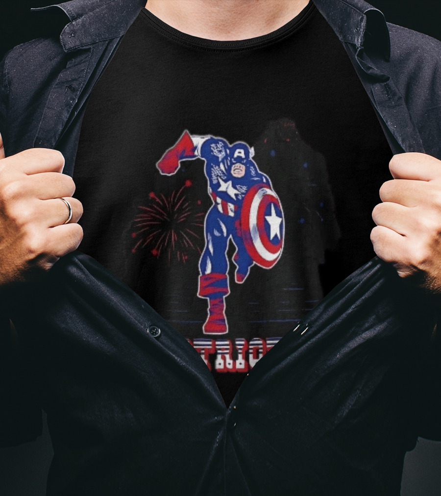 Patriots Captain America Shield Fireworks Cartoon T-Shirt