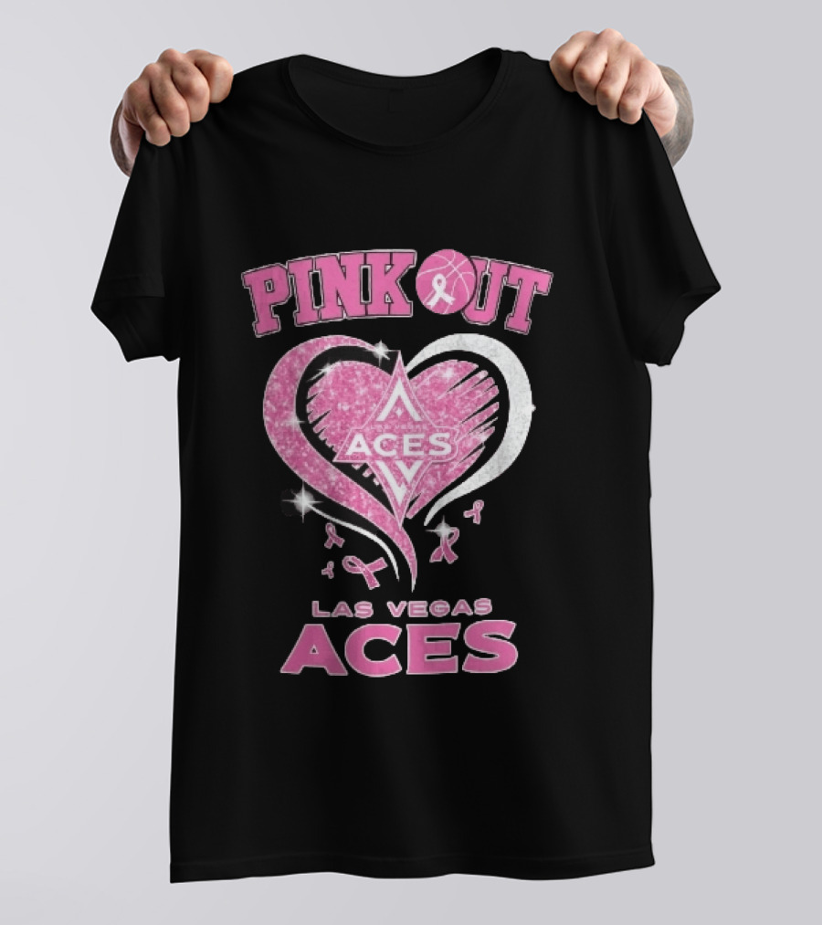 Las Vegas Aces Pink Out Glitter Heart Breast Cancer Awareness Ribbons WNBA T-Shirt