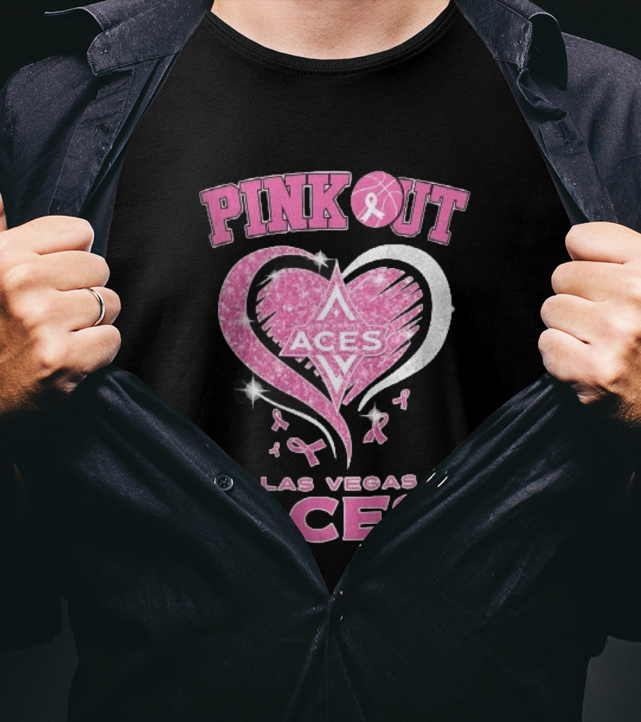 Las Vegas Aces Pink Out Glitter Heart Breast Cancer Awareness Ribbons WNBA T-Shirt
