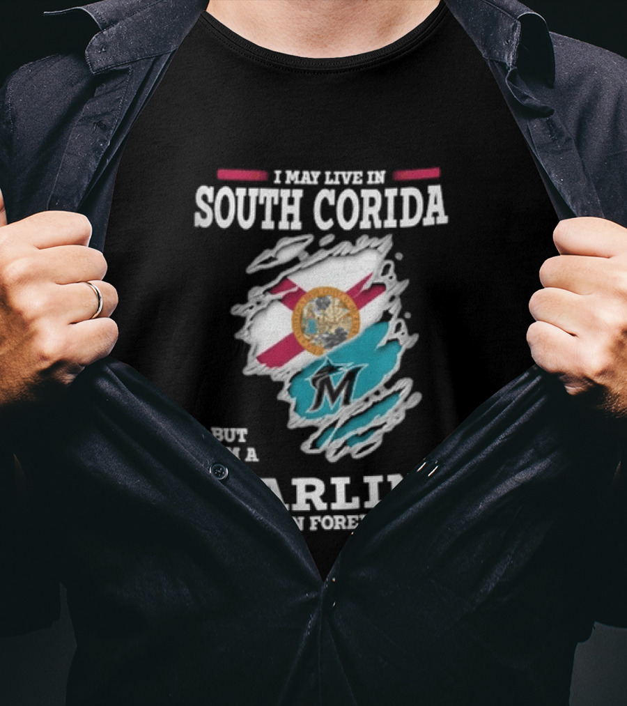 I May Live In South Corida But I'm A Marlins Fan Forever Florida State Flag Ripped Effect T-Shirt