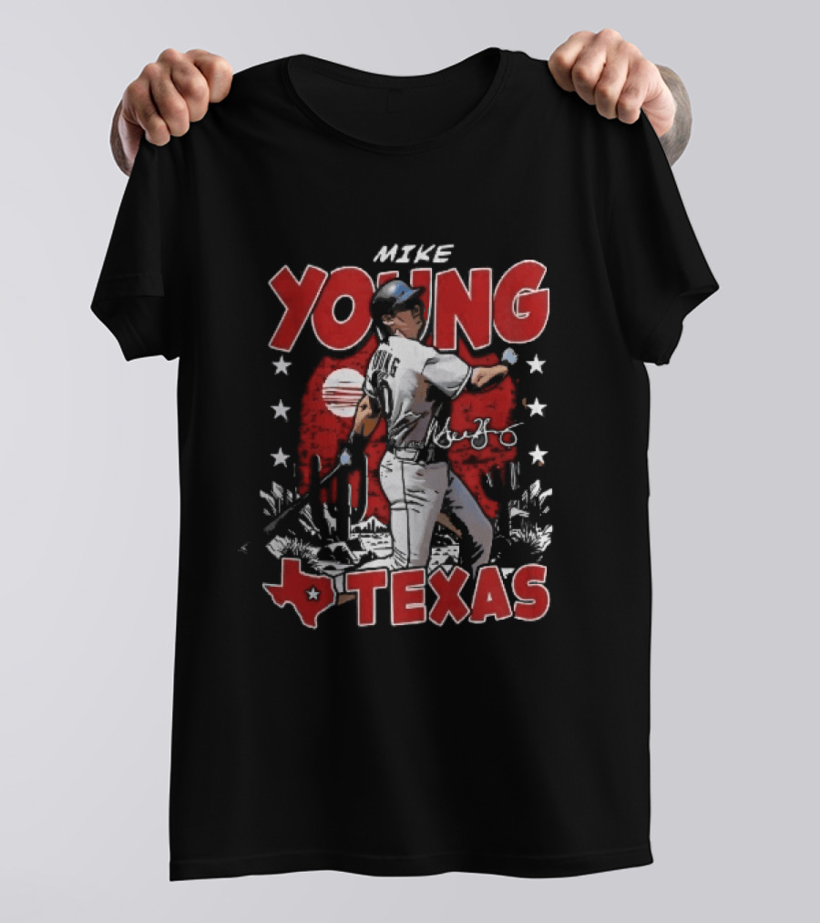 Texas Rangers MLB Mike Young Batting Cactus Red Sunset Stars T-Shirt