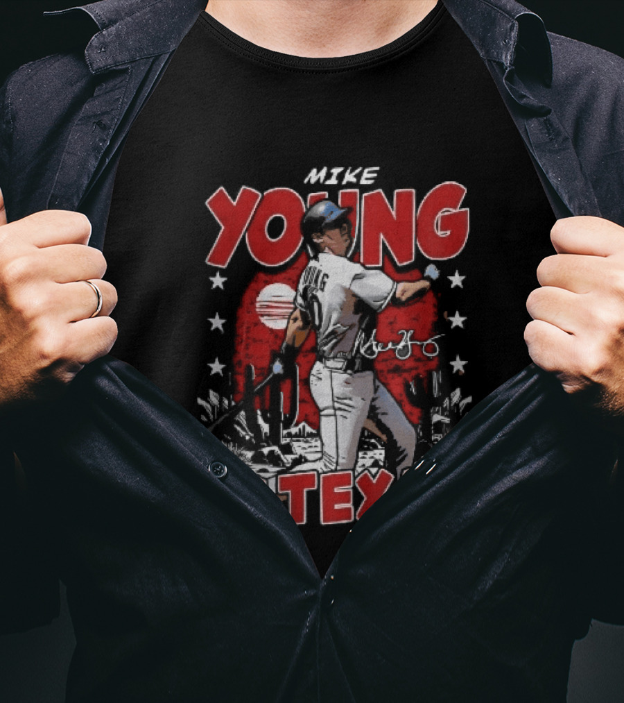 Texas Rangers MLB Mike Young Batting Cactus Red Sunset Stars T-Shirt