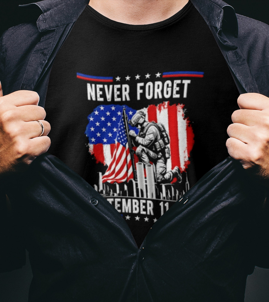 Never Forget September 11 2001 Soldier American Flag Memorial T-Shirt
