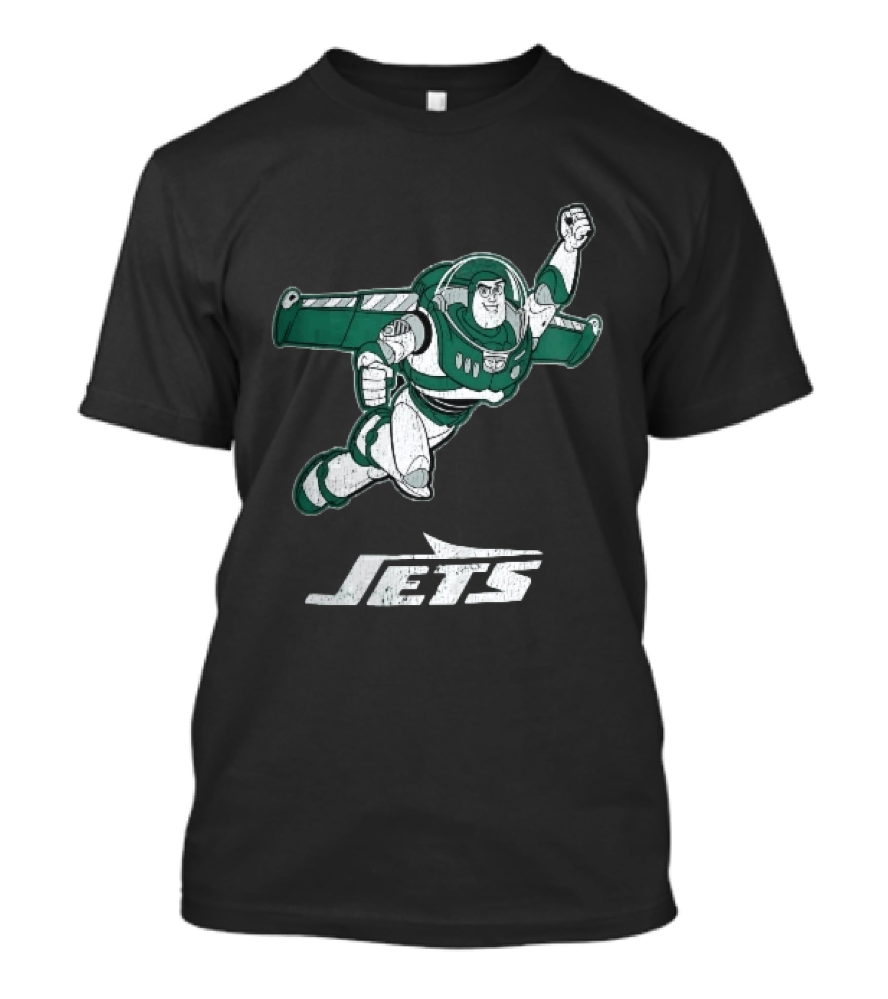 Buzz Lightyear Flying New York Jets Distressed Cartoon T-Shirt