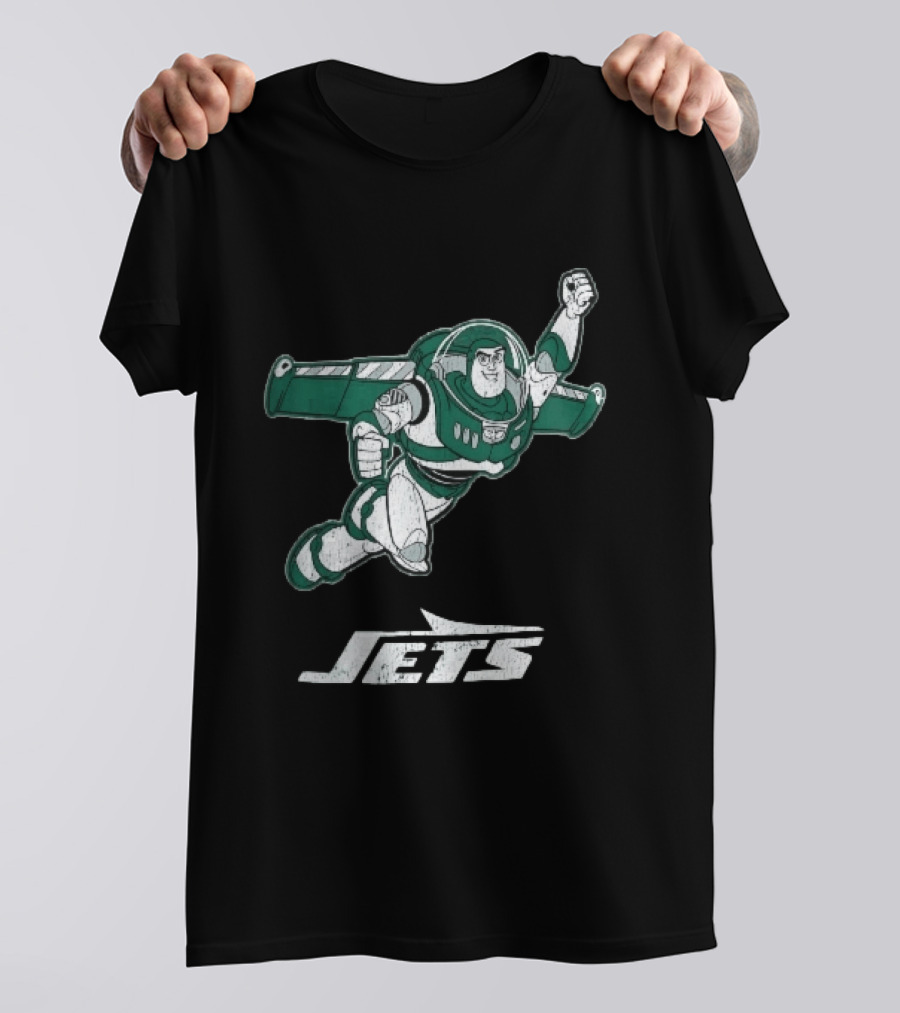 Buzz Lightyear Flying New York Jets Distressed Cartoon T-Shirt