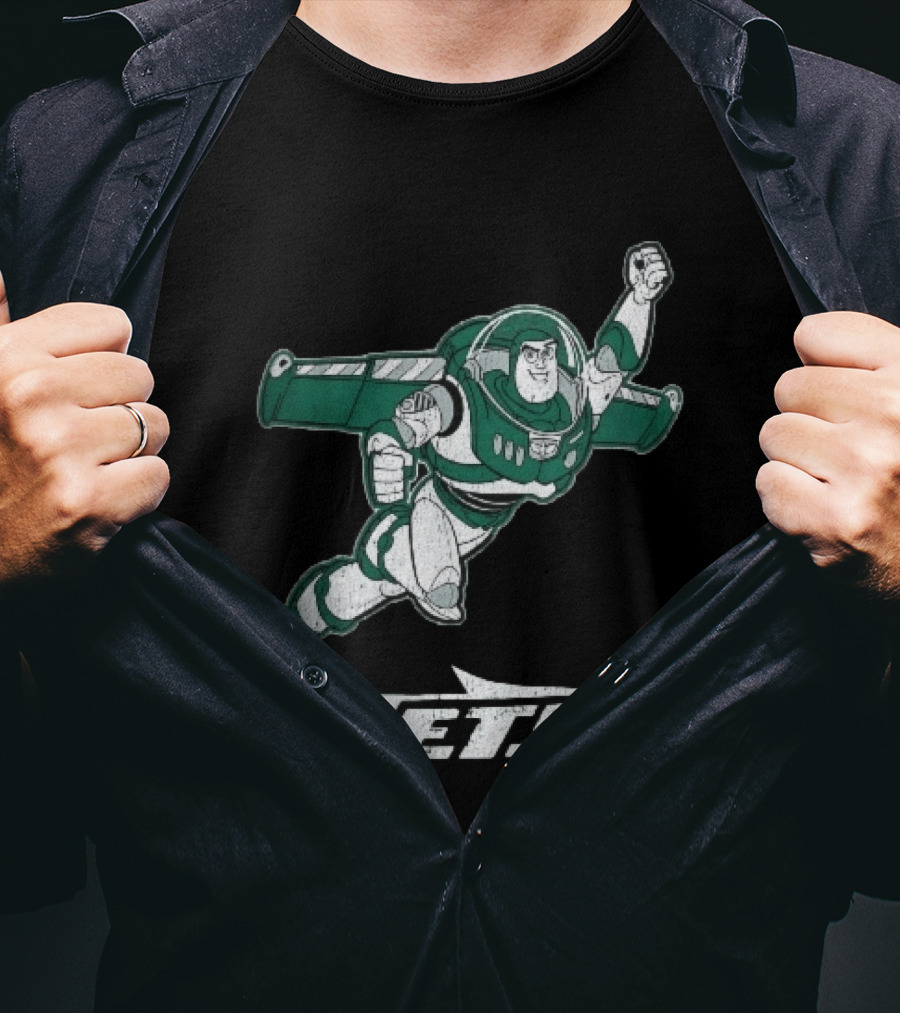 Buzz Lightyear Flying New York Jets Distressed Cartoon T-Shirt