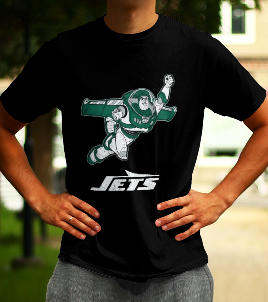 Buzz Lightyear Flying New York Jets Distressed Cartoon T-Shirt