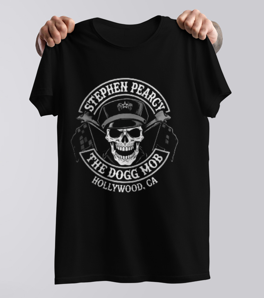 Stephen Pearcy The Dogg Mob Hollywood CA Skull Biker Cap Checkered Flags T-Shirt