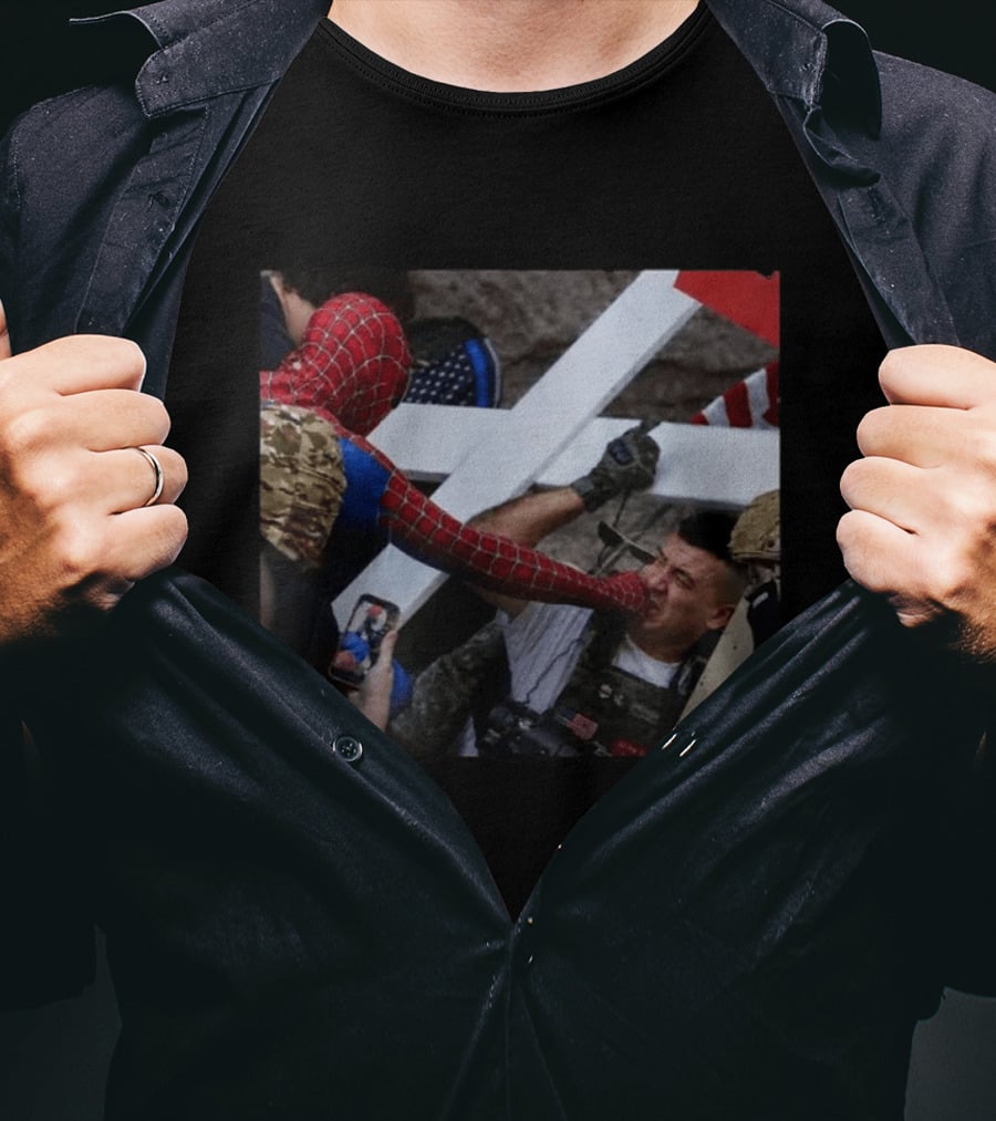 Spiderman Punching Man Holding Cross And Flag Image T-Shirt