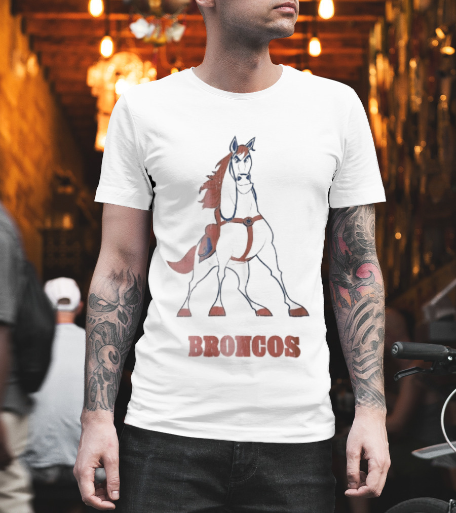 Denver Broncos Cartoon White Horse Orange Mane Harness Broncos T-Shirt