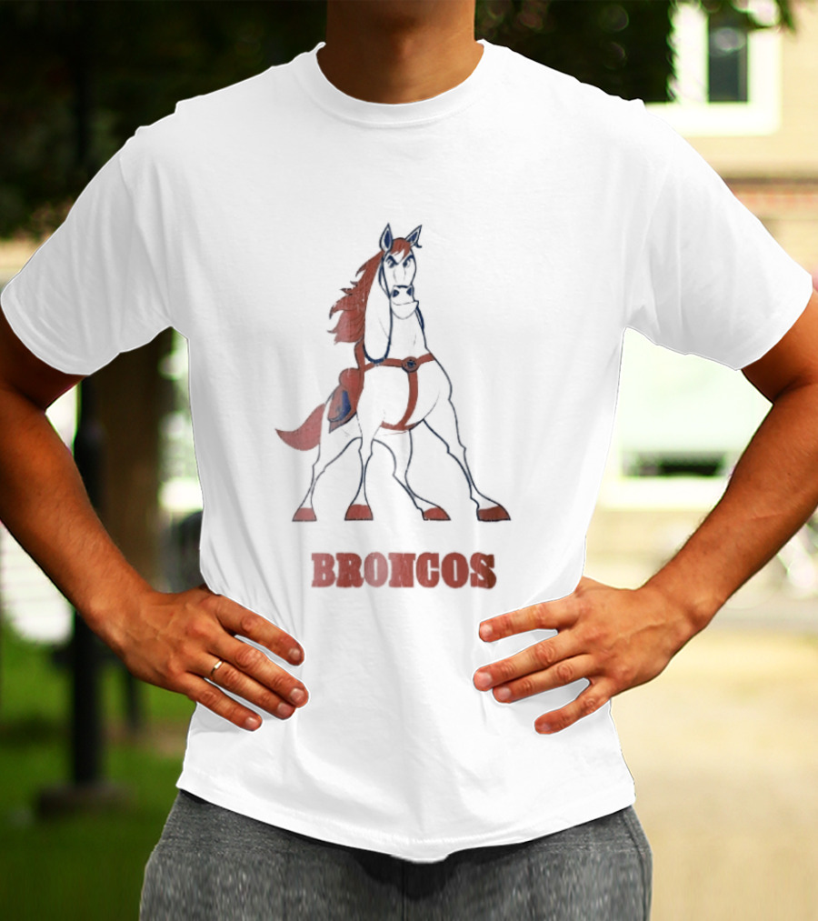 Denver Broncos Cartoon White Horse Orange Mane Harness Broncos T-Shirt