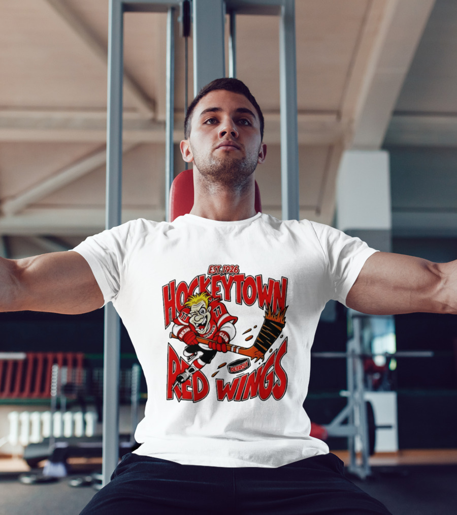 Detroit Red Wings Hockeytown Est. 1926 Vintage Cartoon Player With Flaming Hockey Stick T-Shirt