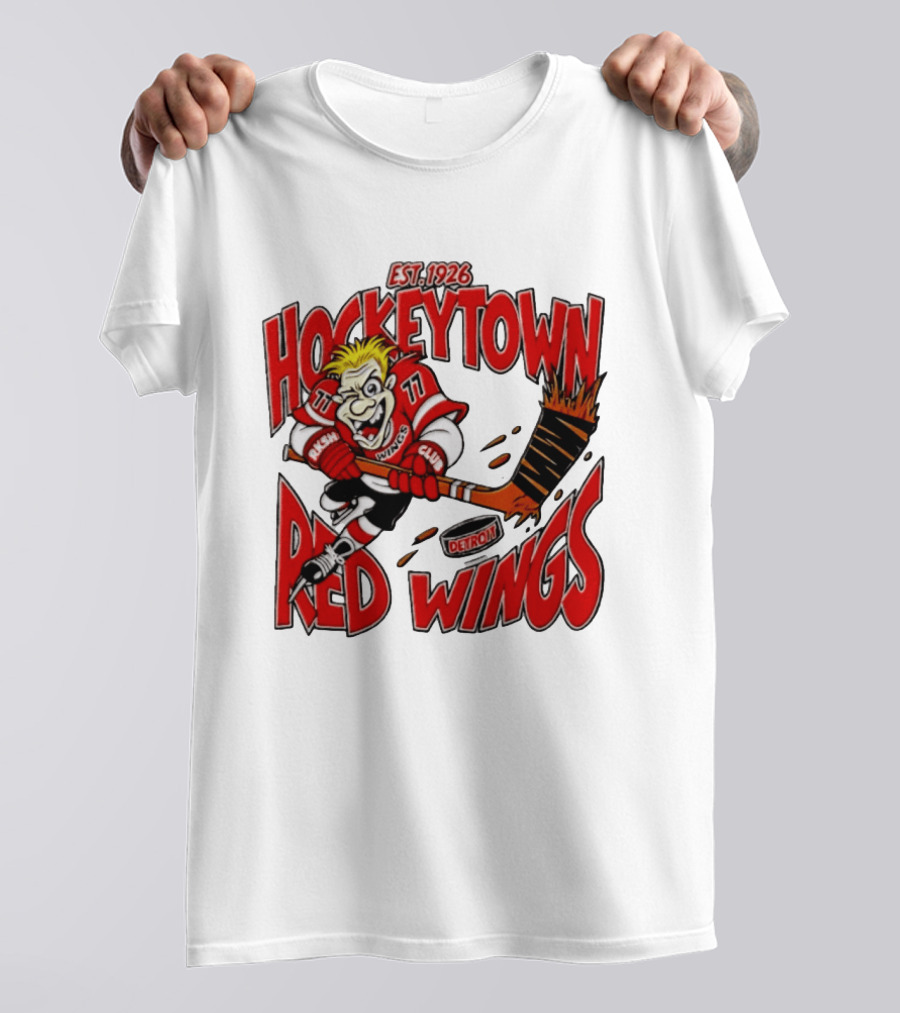 Detroit Red Wings Hockeytown Est. 1926 Vintage Cartoon Player With Flaming Hockey Stick T-Shirt
